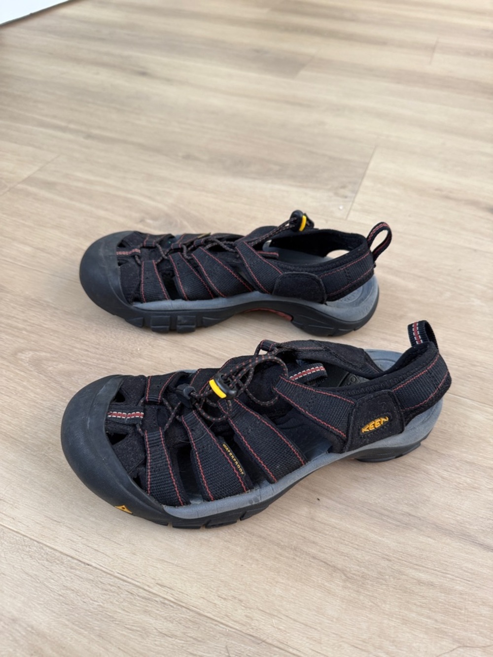 Keen Black Sandal with Gray Sole and Red Stitching